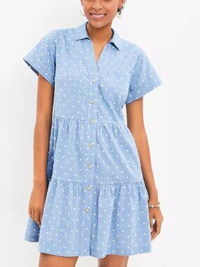 LOFT Chambray Button-Front Short SleeveTiered Mini Dress